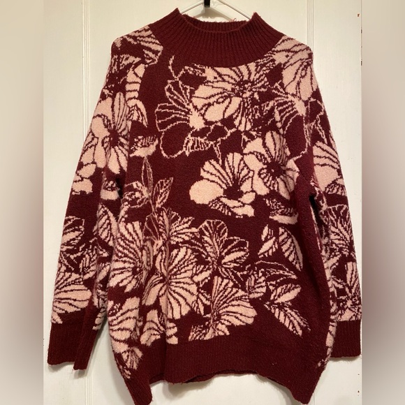 Vintage Liz Claiborne Oversized Flower Floral Mock Neck Sweater Maroon Pink XL - Picture 5 of 10